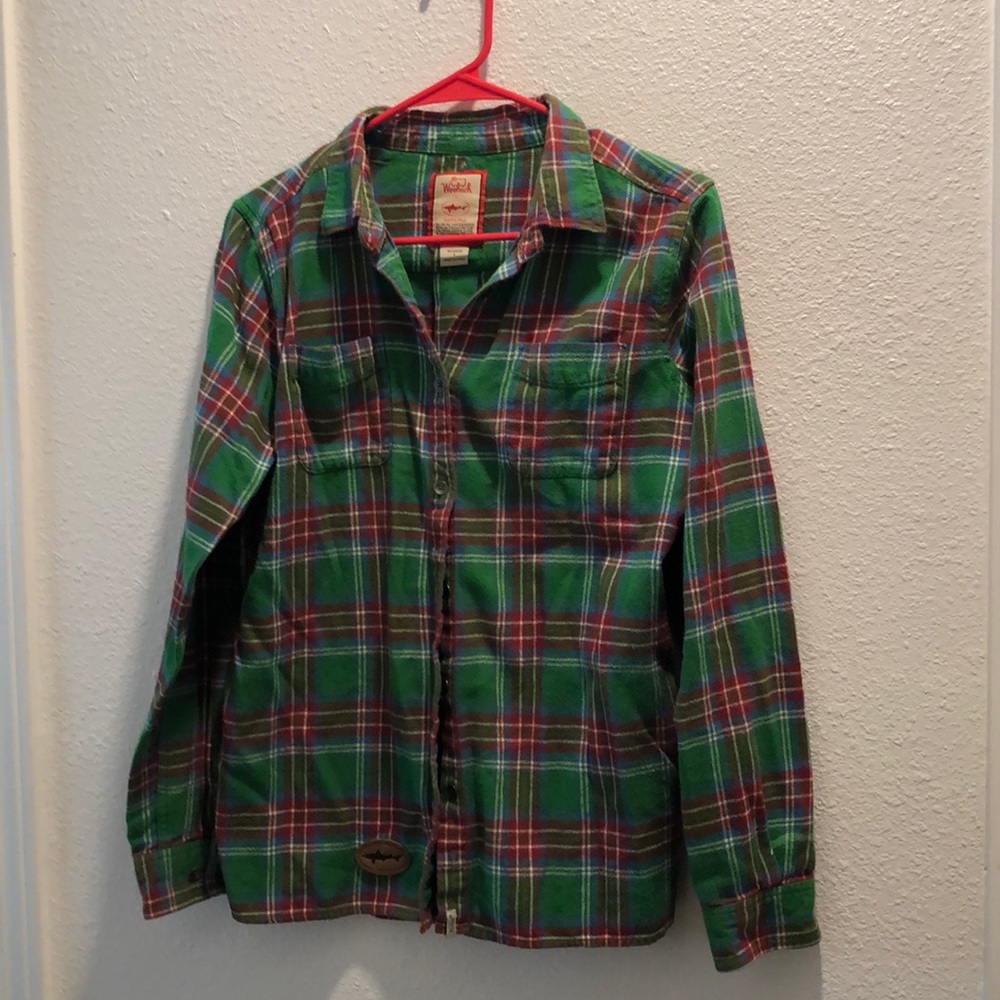 Dogfish Head X Woolrich Flannel women’s Large with leatherette fish patch